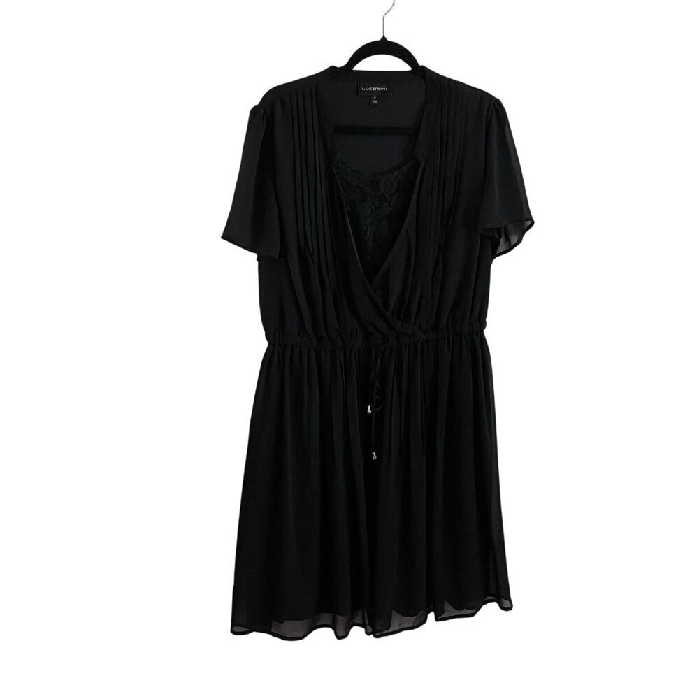 Lane Bryant Women Sz 18 Black Short Sleeve Lacy V-Neck Insert Blouson Dress